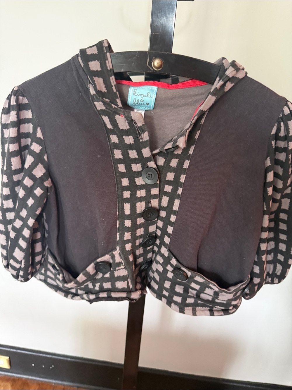 Kimchi Blue Black & Dusty Pink Checked Cropped Hooded Jacket